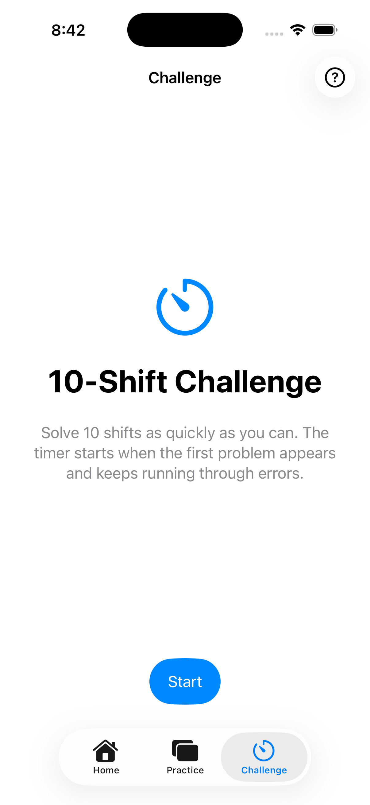 ShiftTrainer 10-Shift Challenge start screen