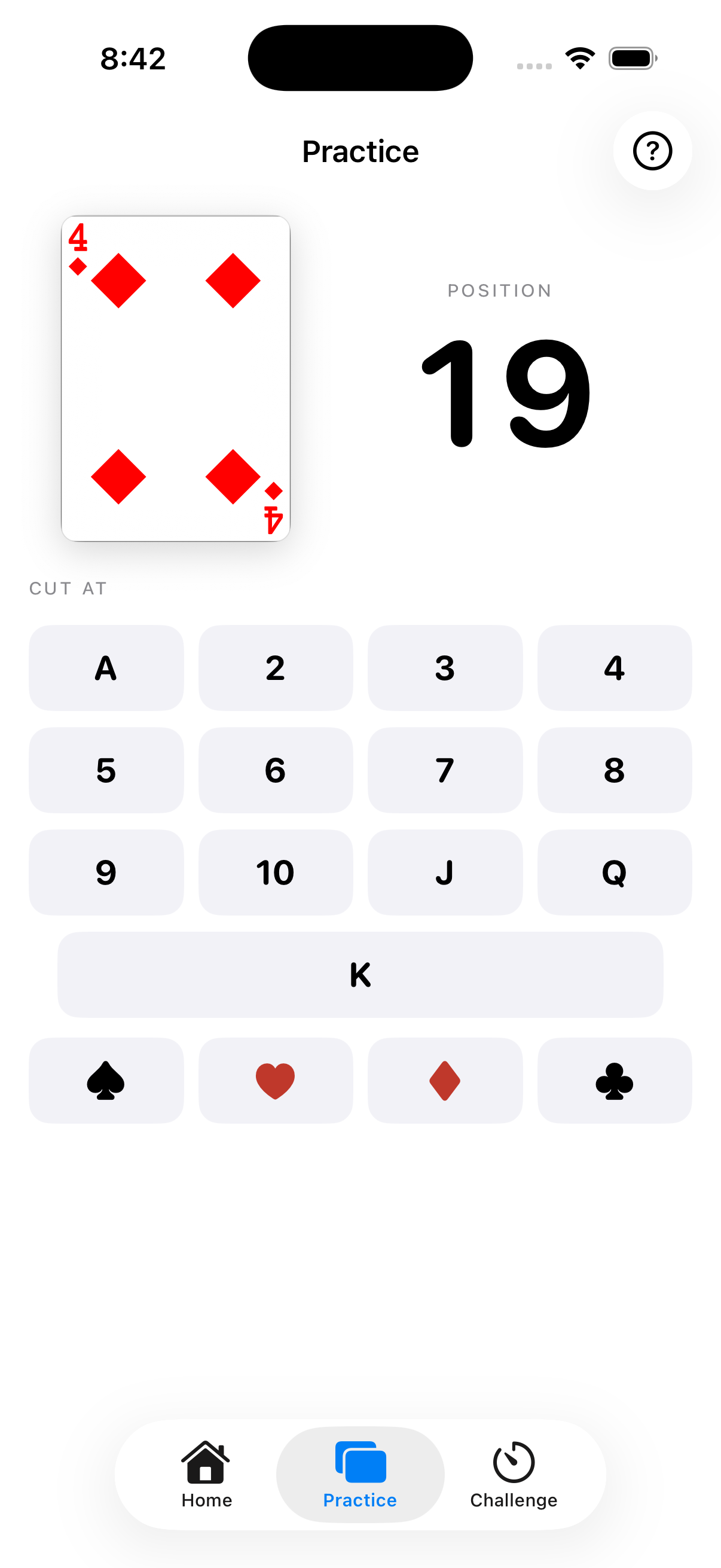 ShiftTrainer practice screen showing a card, named position, and cut-card controls